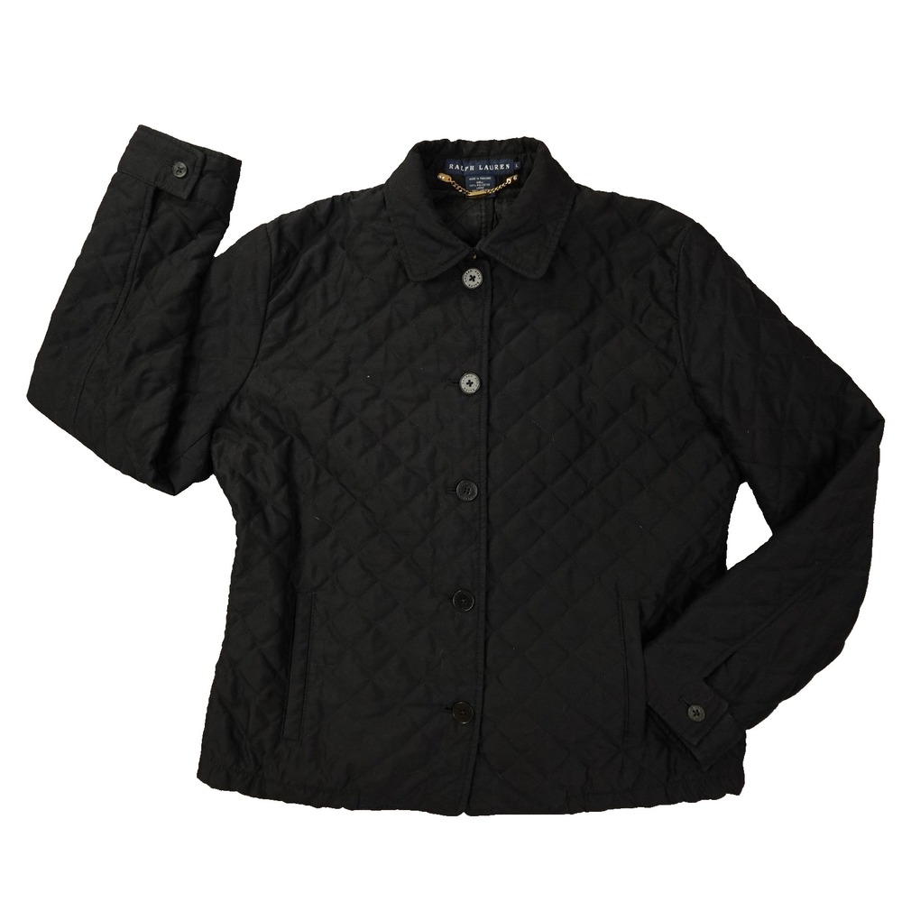 Ralph Lauren Diamond Quilted Button Up Jacket Women's Large Black Outdoor Preppy - Picture 1 of 7
